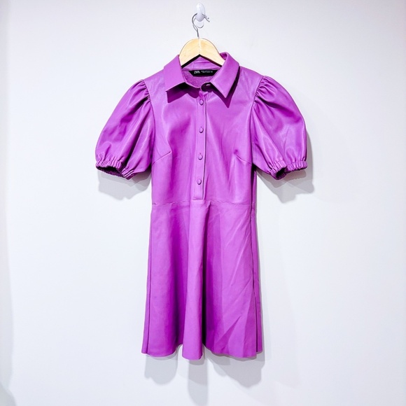 ZARA Lilac faux leather dress with puff sleeves - Picture 2 of 9